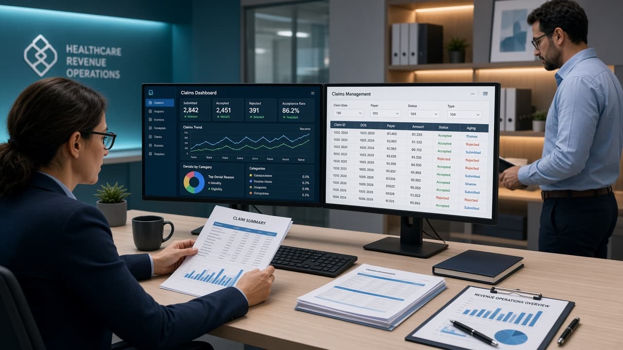 Medical billing specialists working with claims and revenue cycle systems