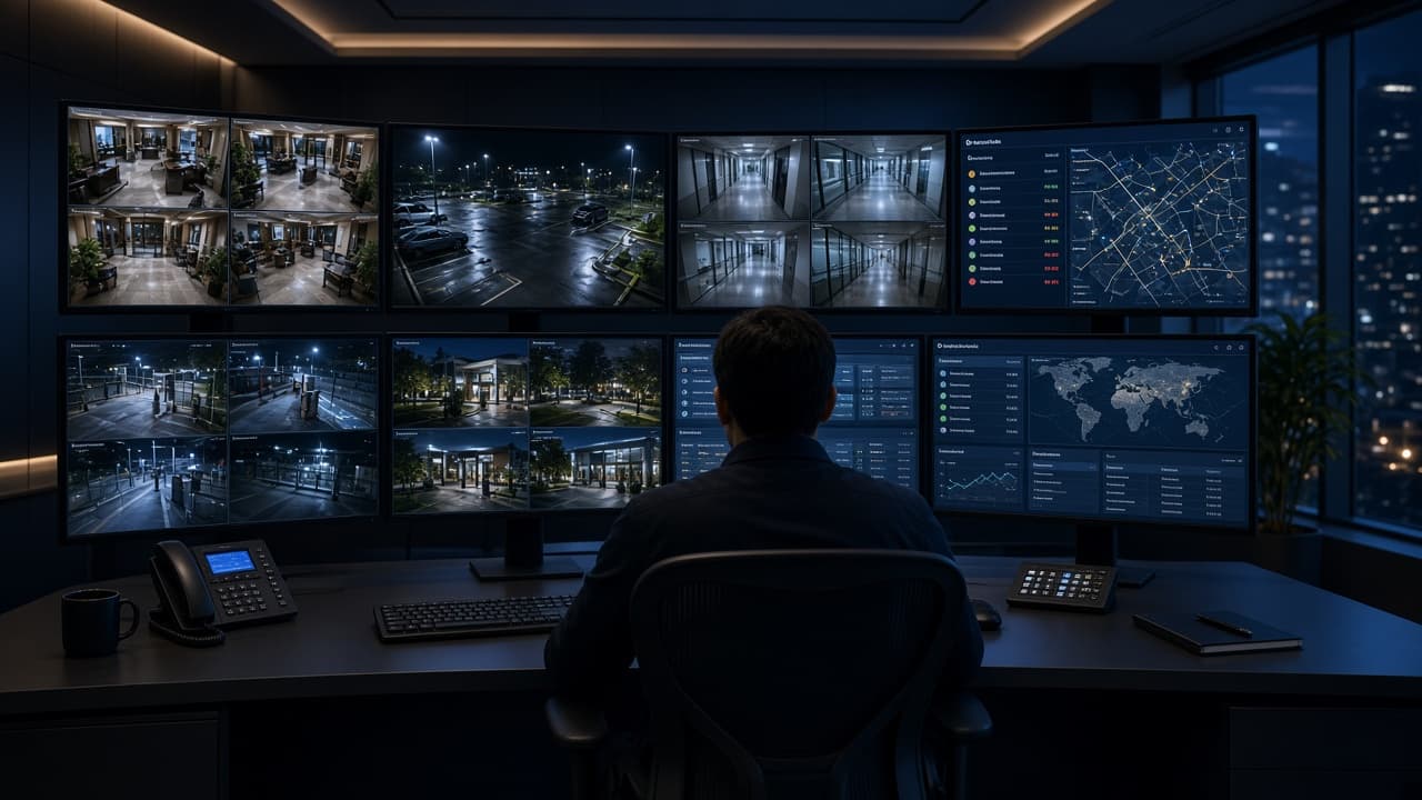 Security operator monitoring a modern control room wall of CCTV and surveillance screens